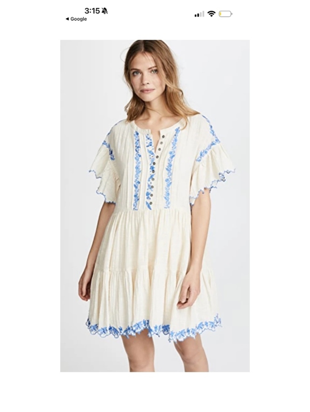 Free People Ivory Blue Embroidered Boho Santiago Dress with Ruffle Sleeves L